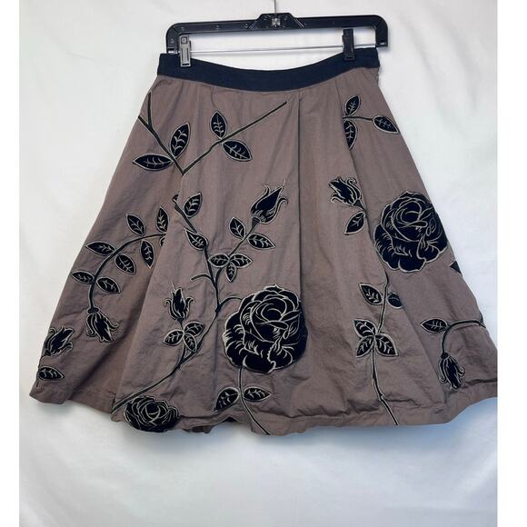 Odille Womens 4 Brown Velvet Floral Applique Knee Length Fit Flare Lined Skirt